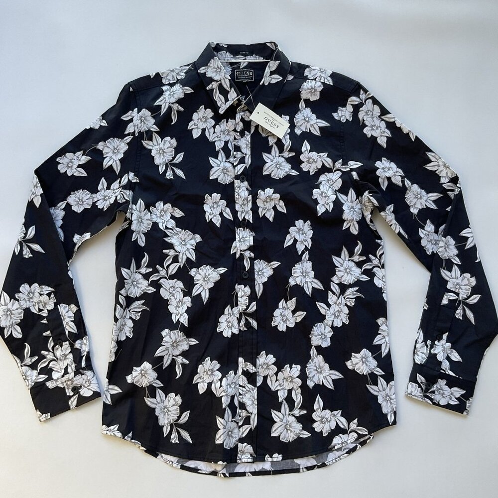 Guess Men’s Slim Fit Navy Shirt Long Sleeves Floral Print Allover Stretch Size M